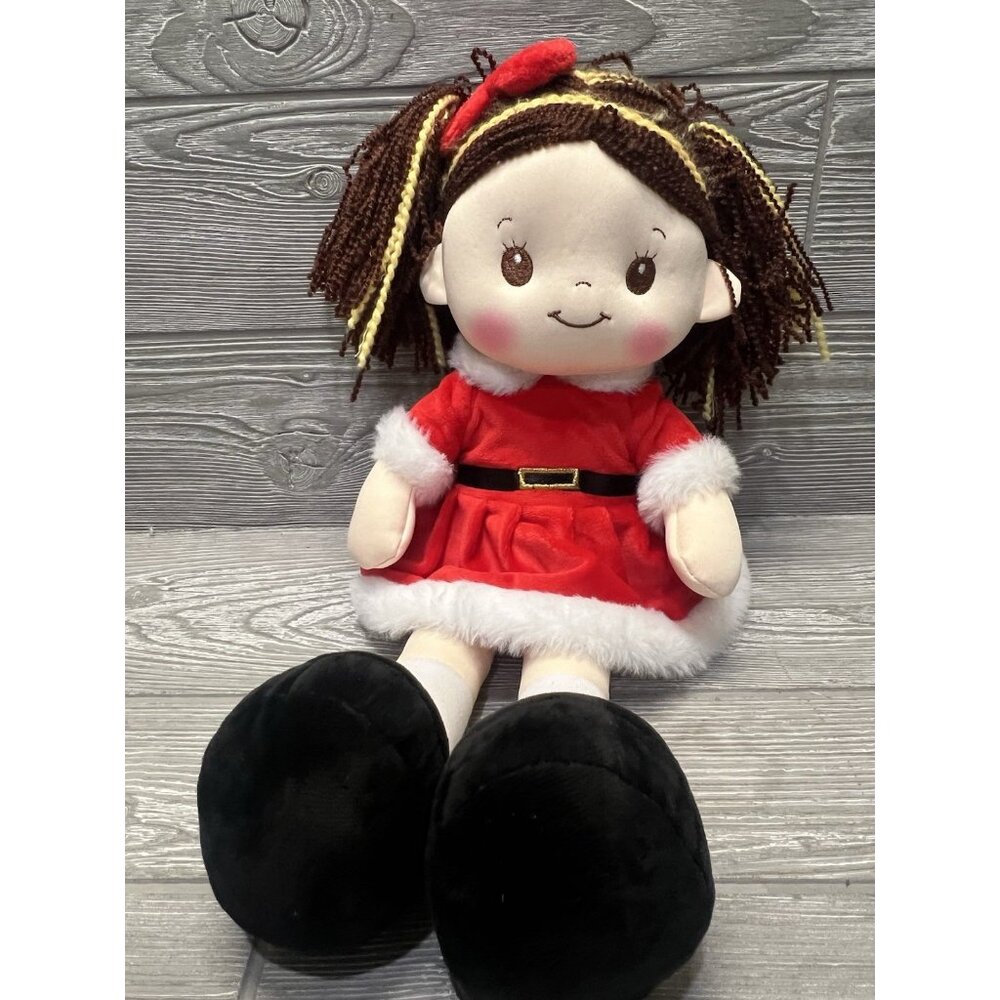 Linzy Toys Little Girl Plush Christmas Doll Brown Hair Holiday Red Dress
